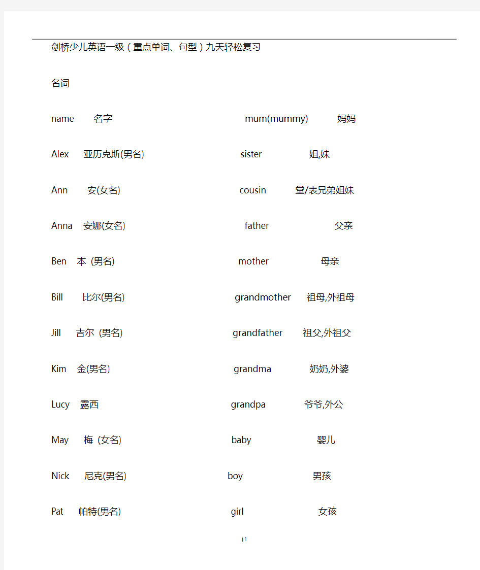 剑桥少儿英语一级(重点单词、句型)