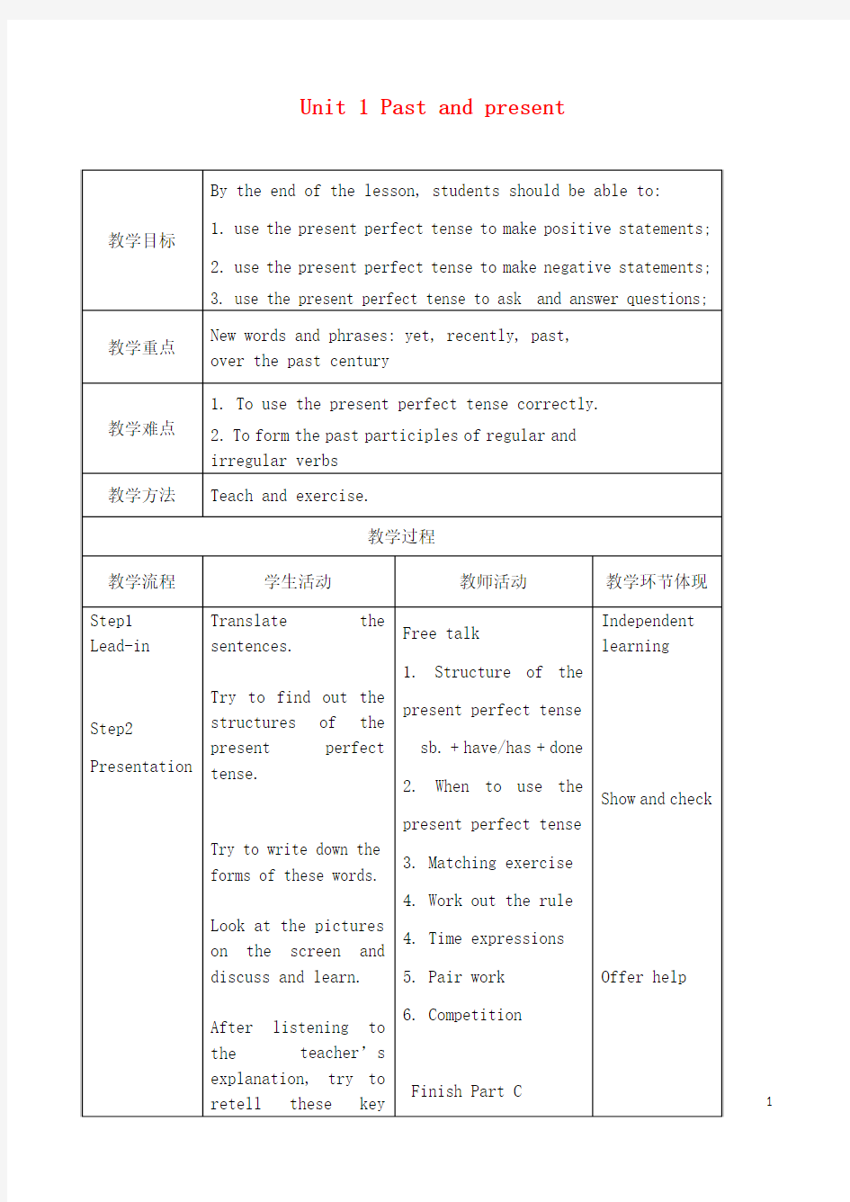 八年级英语下册Unit1Pastandpresentgrammar教案(新版)牛津版