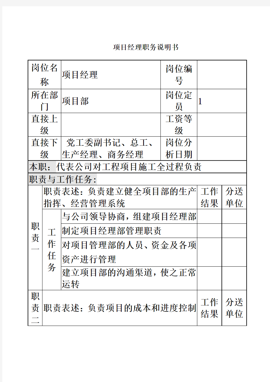 电力公司项目经理职务说明书(doc 3页)