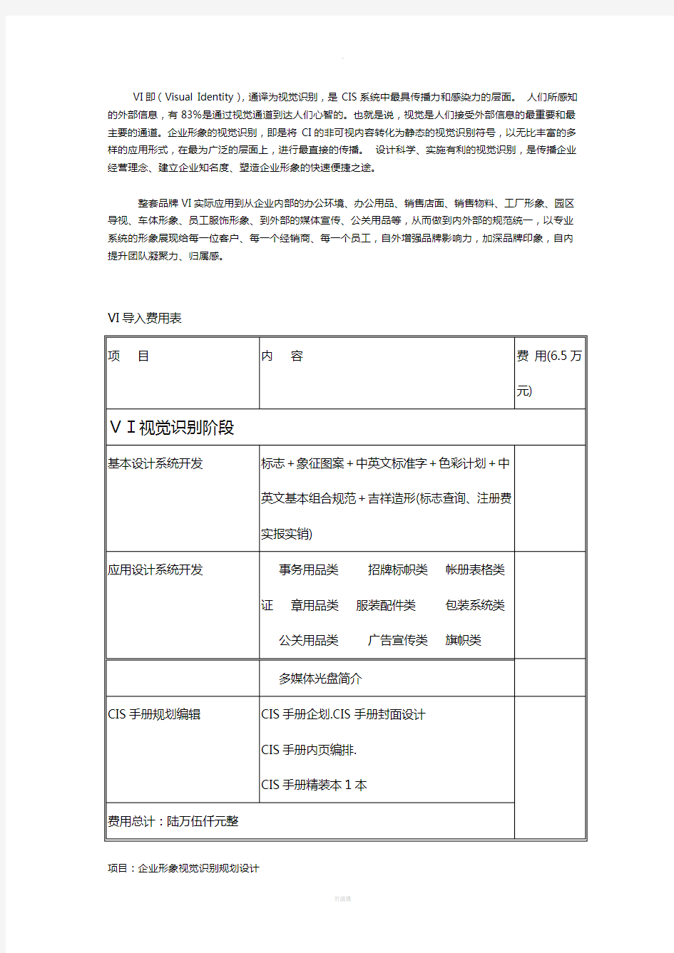 品牌VI导入报价表(纯设计)