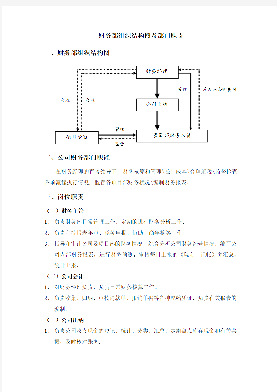 财务部组织结构图及部门职责