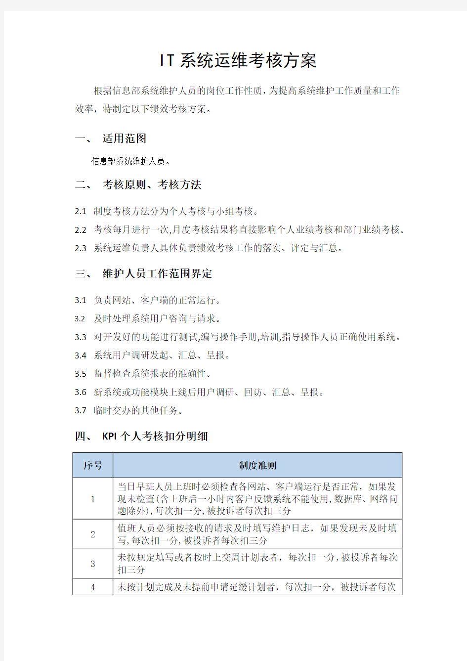 IT系统运维考核方案