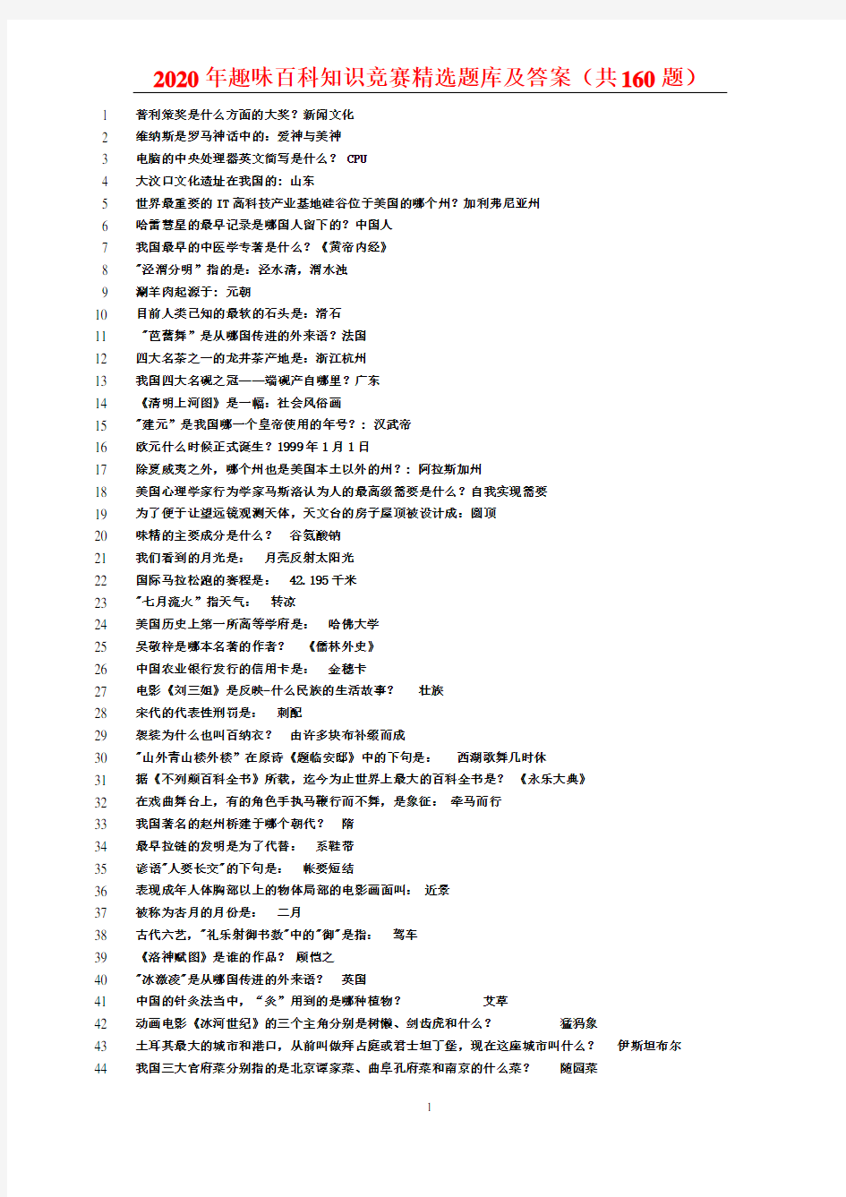 2020年百科知识竞赛精选题库及答案(共160题)