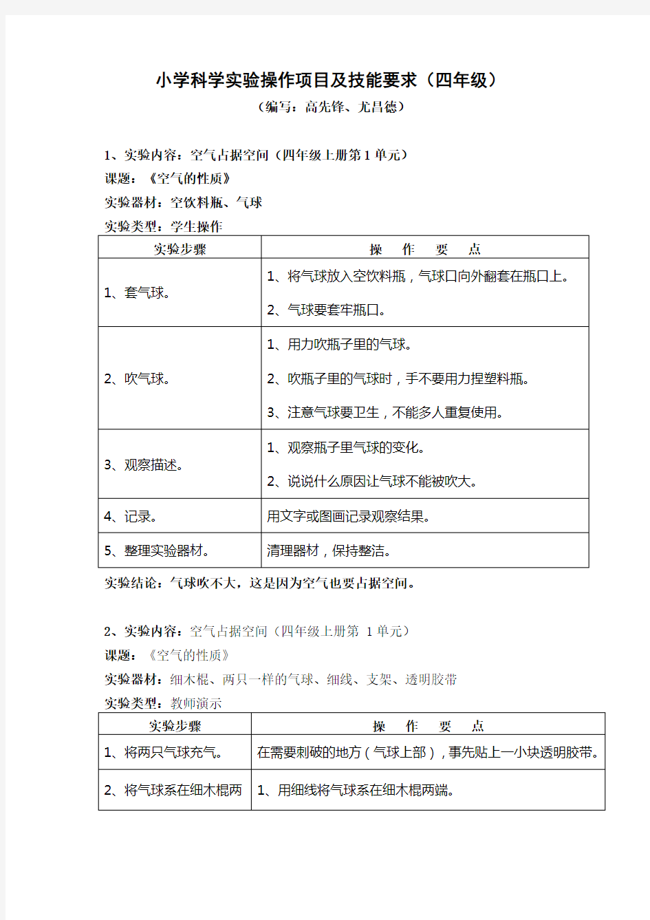 苏教版小学科学实验操作项目及技能要求