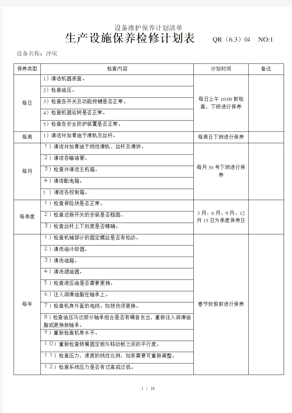 设备维护保养计划清单