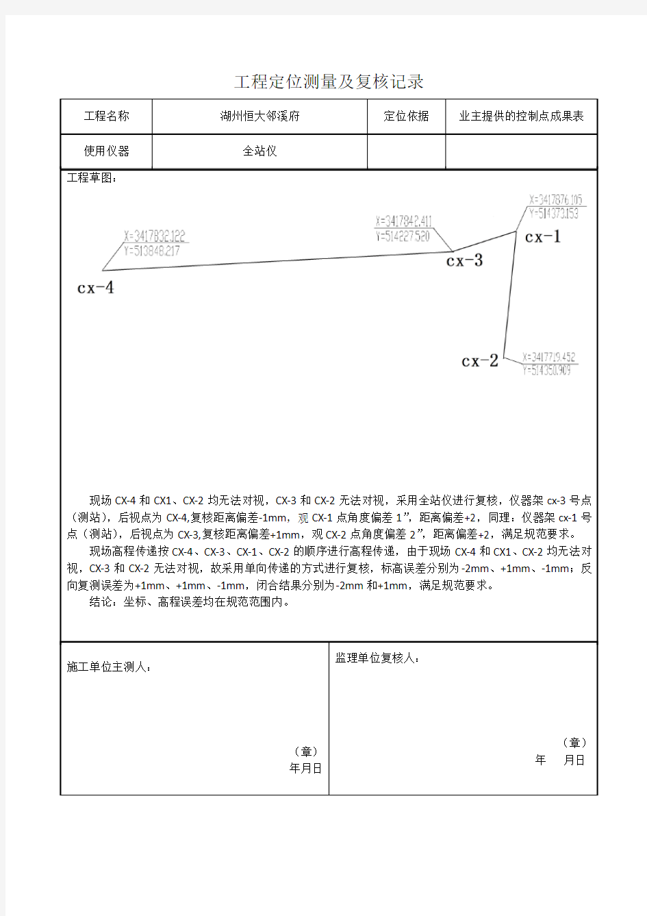 工程定位测量及复核记录(给业主的)