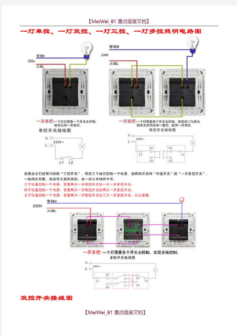 【9A文】一灯单控、一灯双控、一灯三控、一灯多控照明电路图