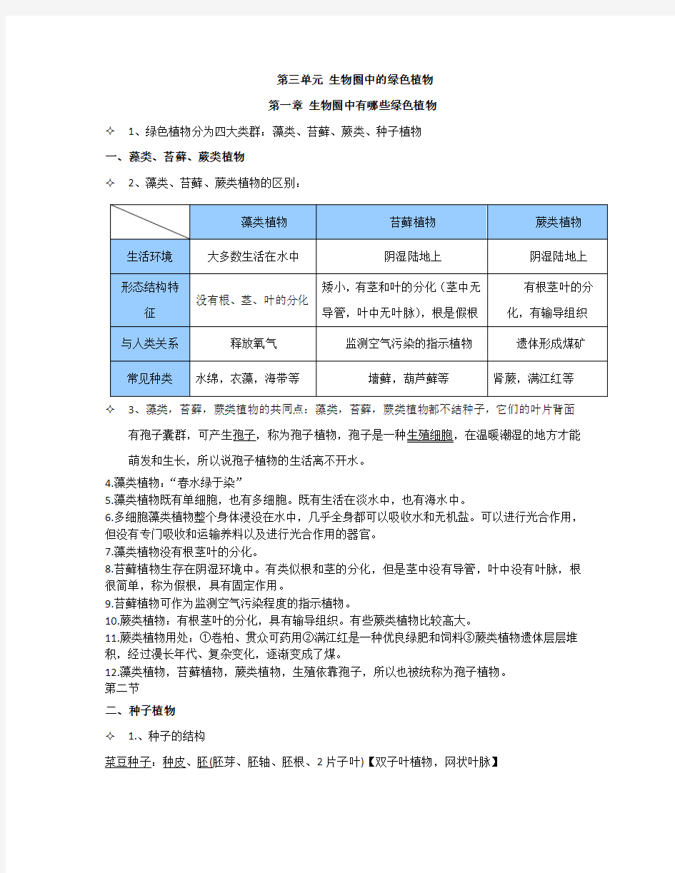 初中生物 生物圈中的绿色植物 知识点