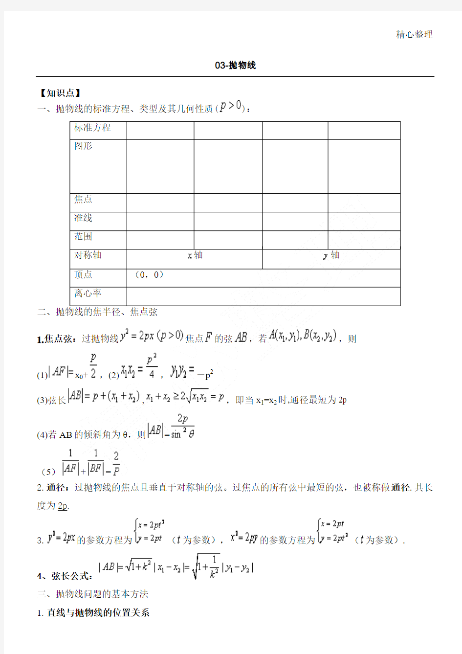 重点高中数学必修2-1抛物线教学讲义(精品)