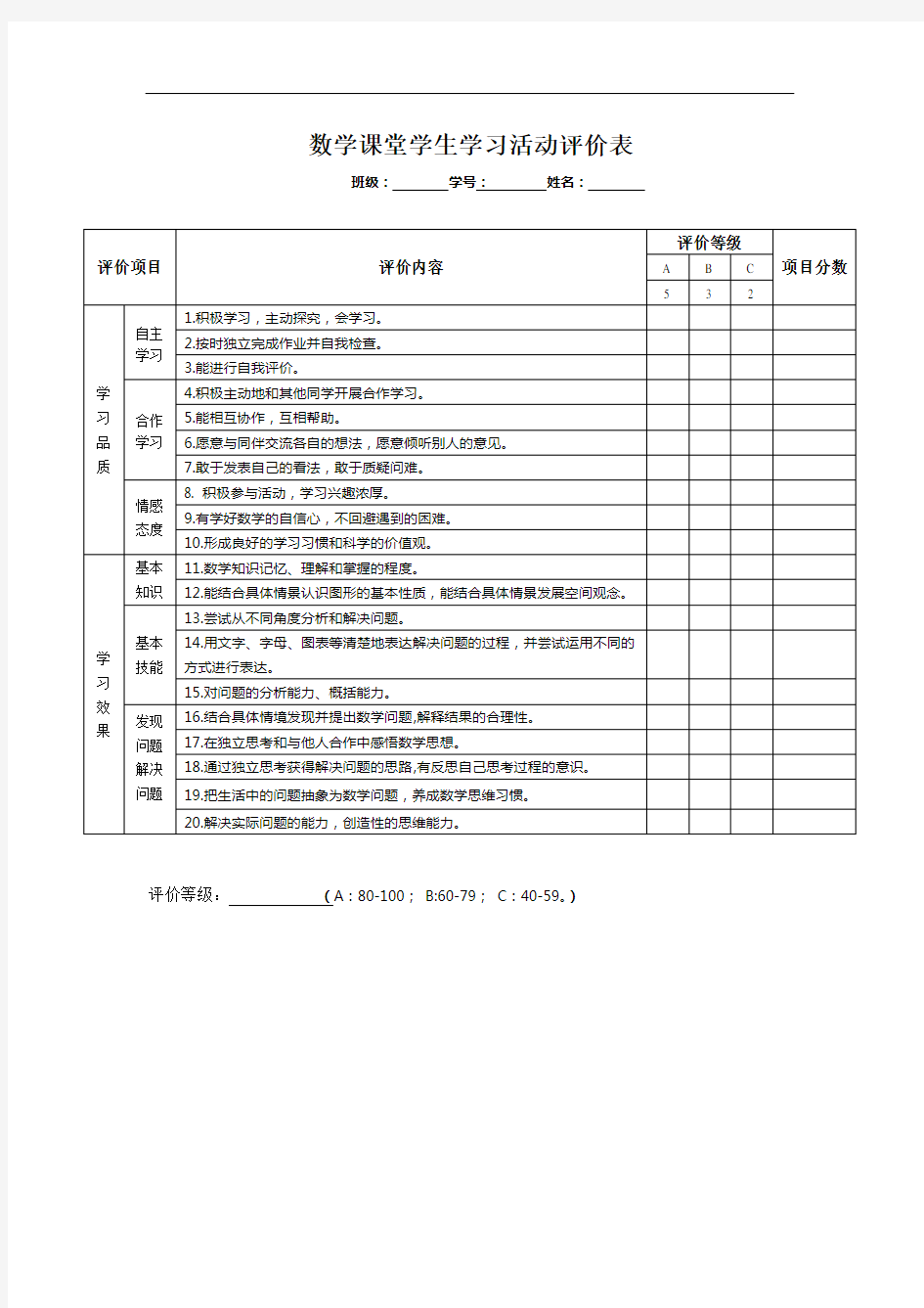 数学课堂学生学习活动评价表