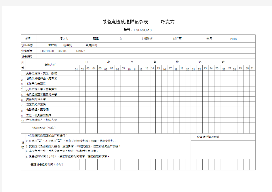 设备点检及维护记录表