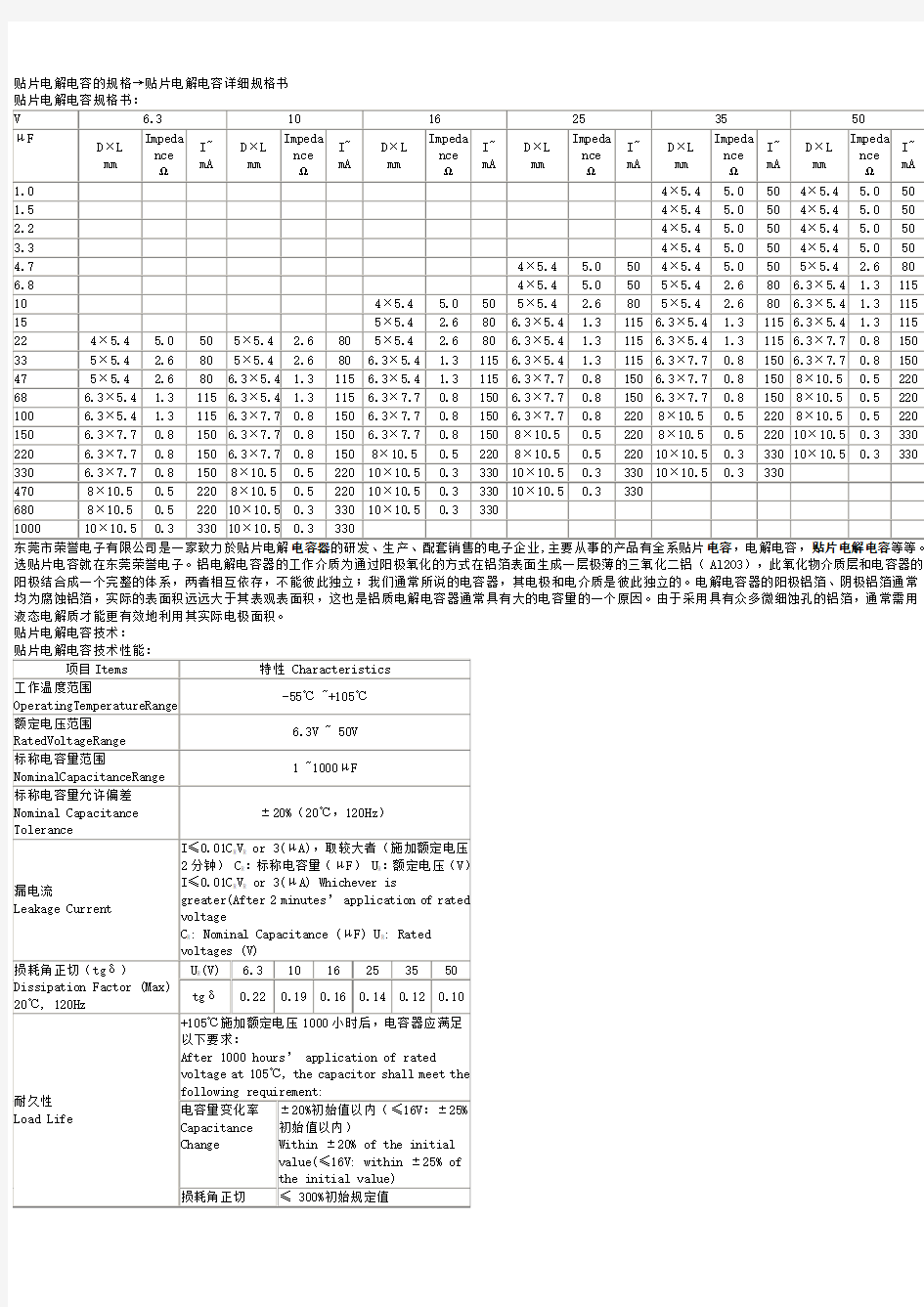 贴片电解电容的规格