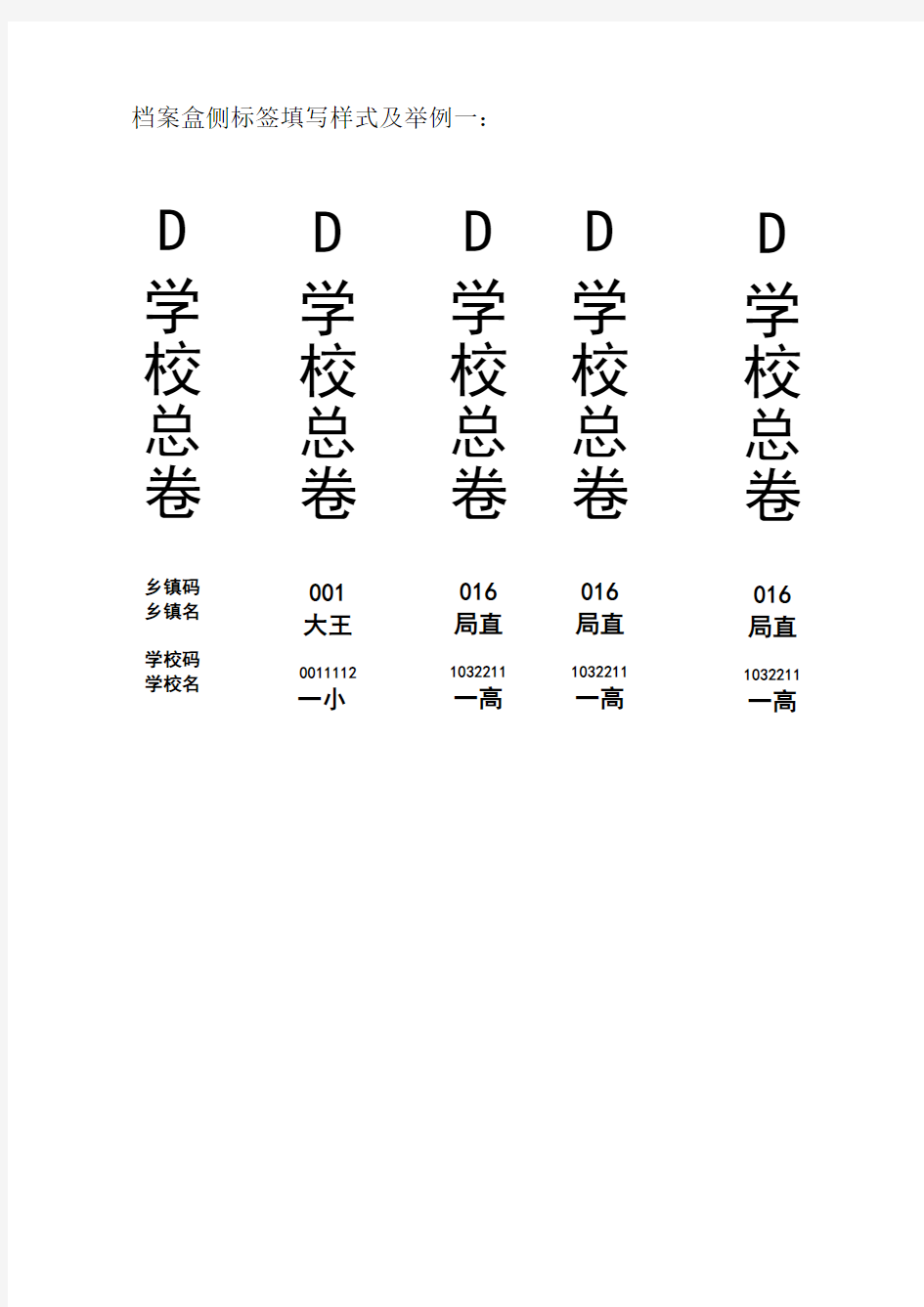 档案盒侧标签填写样式及举例一