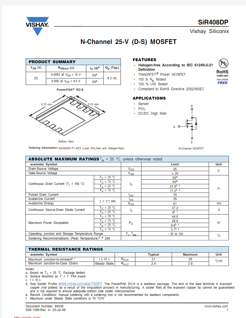 SIR408DP-T1-GE3;中文规格书,Datasheet资料