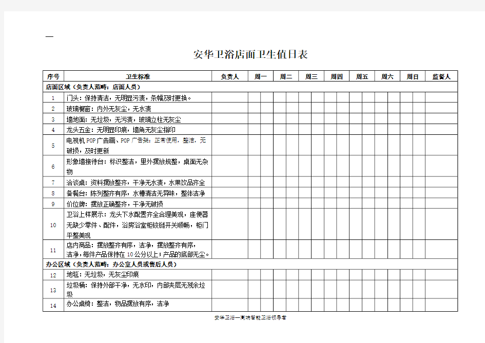 店面卫生值日表