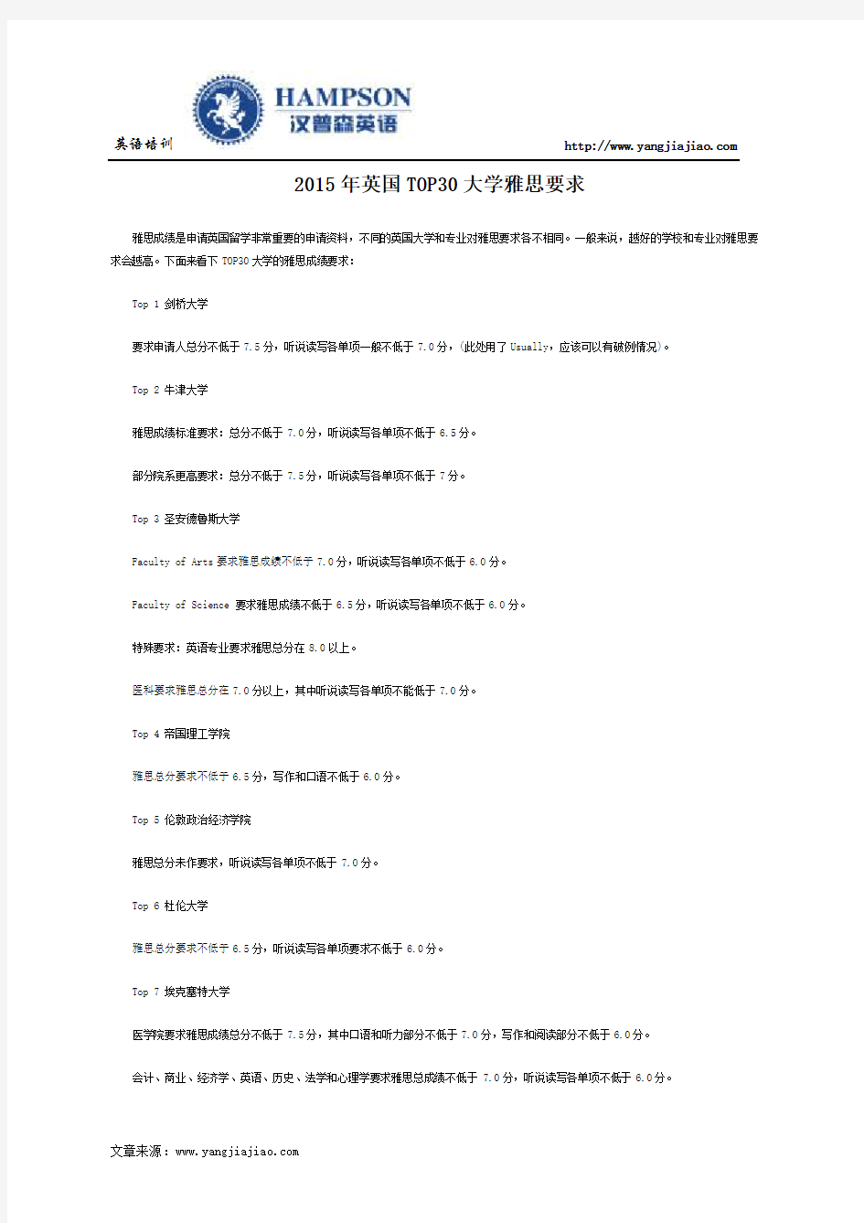 2015年英国TOP30大学雅思要求