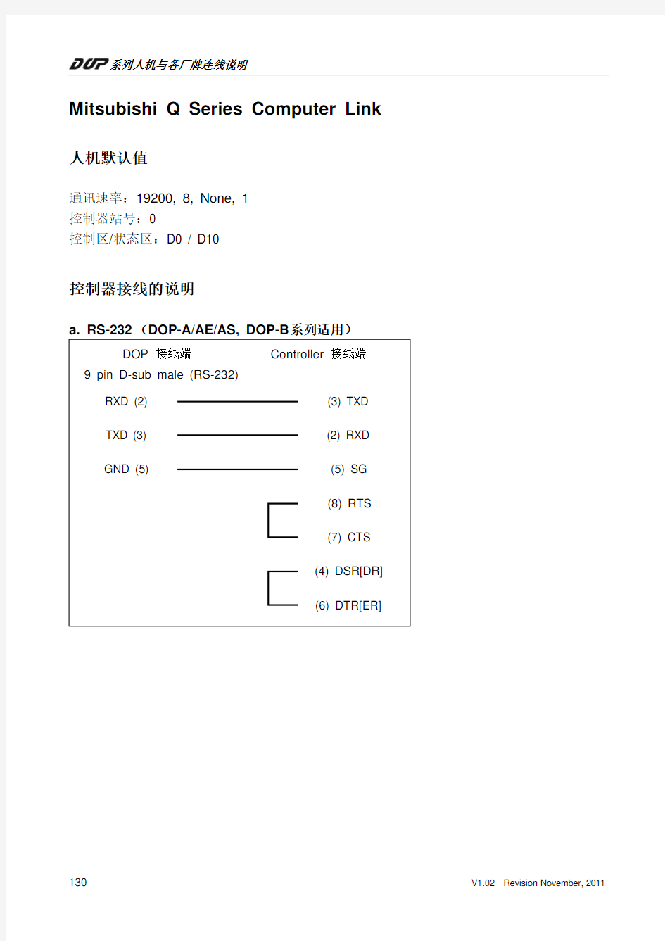 台达触摸屏与三菱 Q系列PLC Computer Link通讯