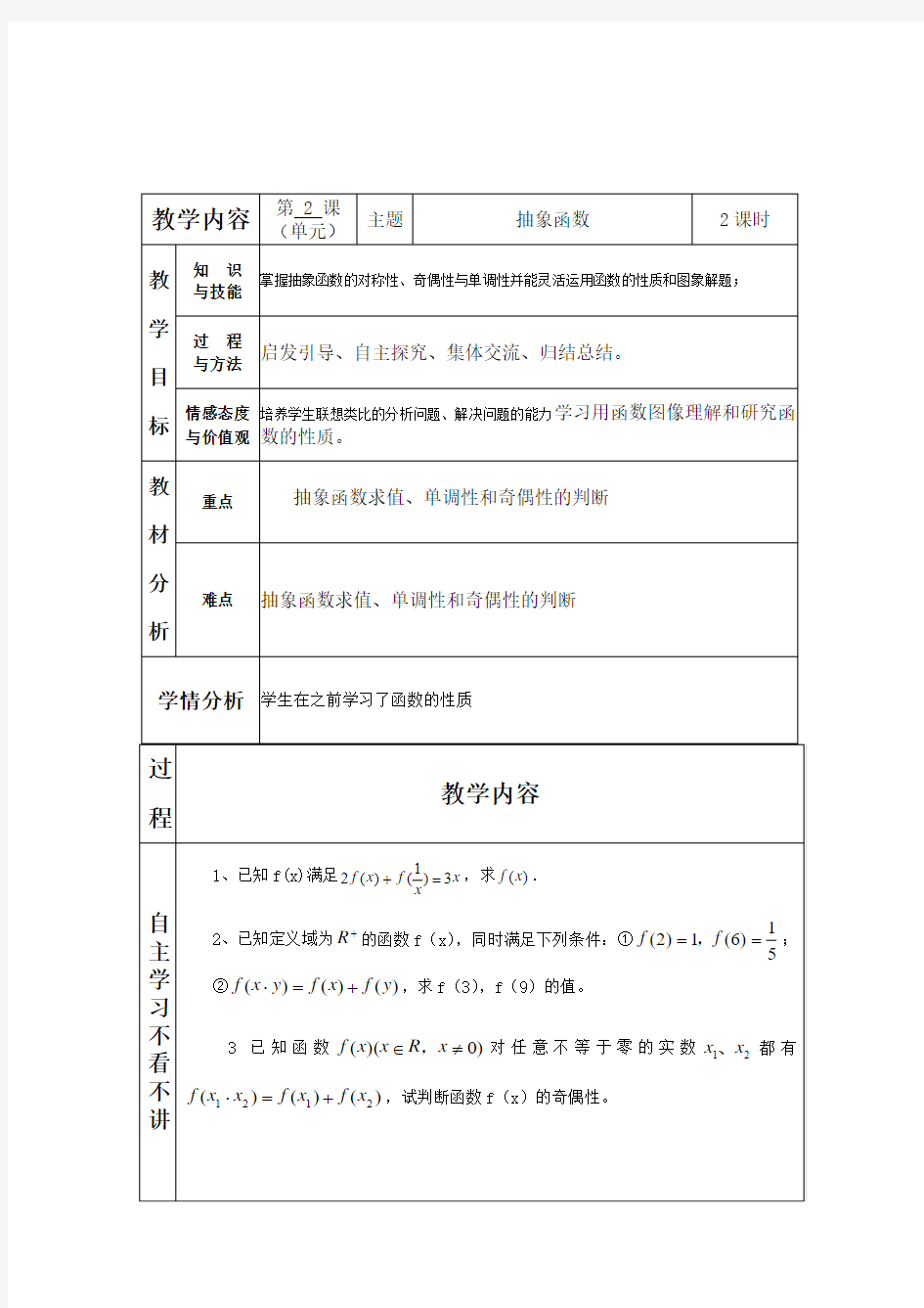 必修1 抽象函数教案(2个课时)