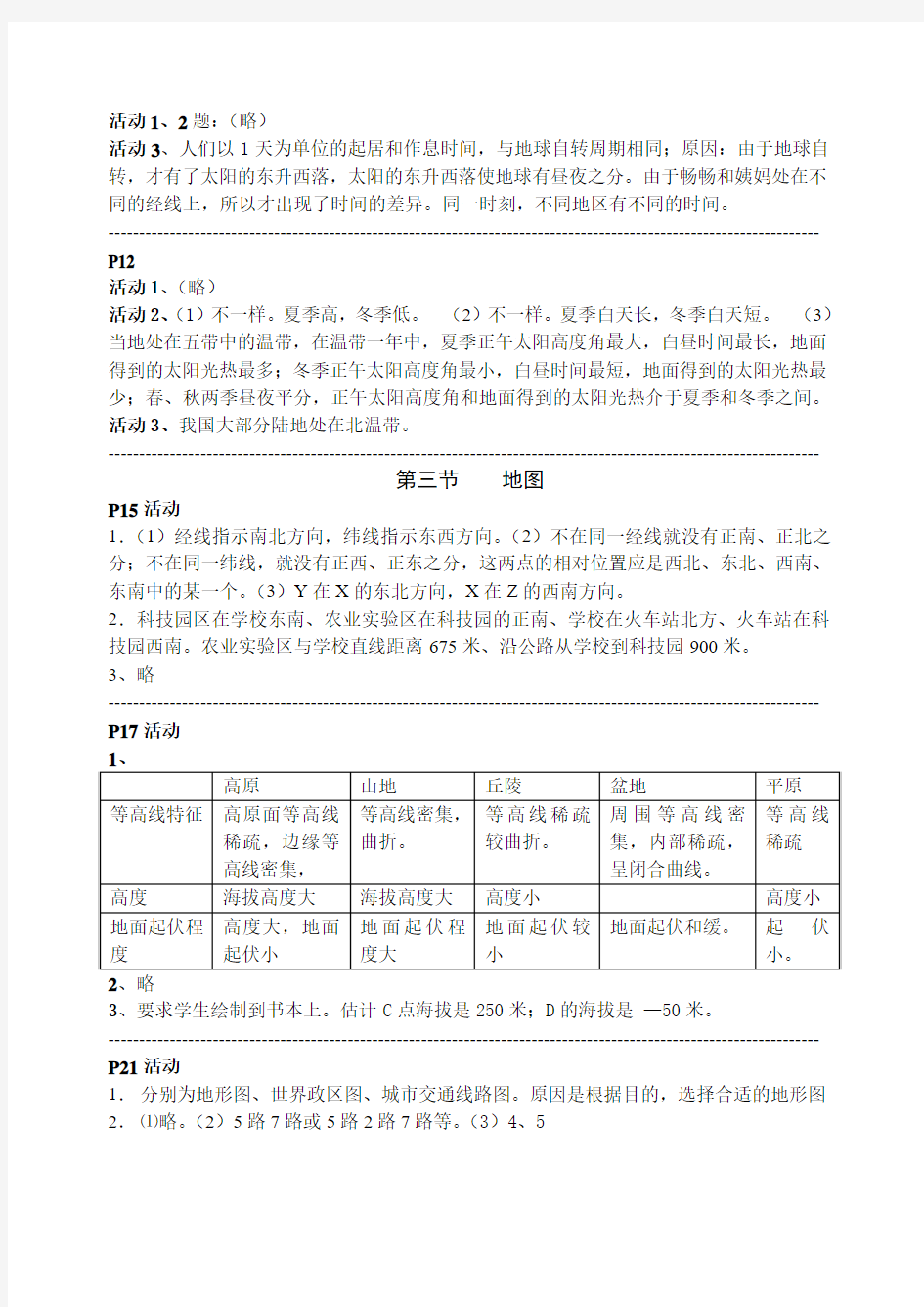 七年级上册地理教材活动答案