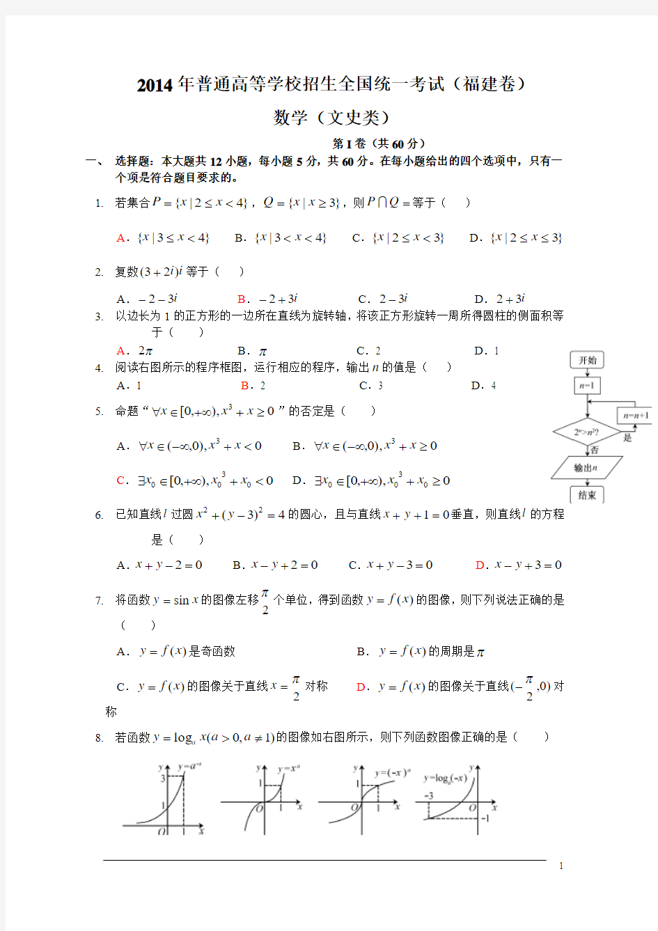 2014年福建高考文科数学试题及答案