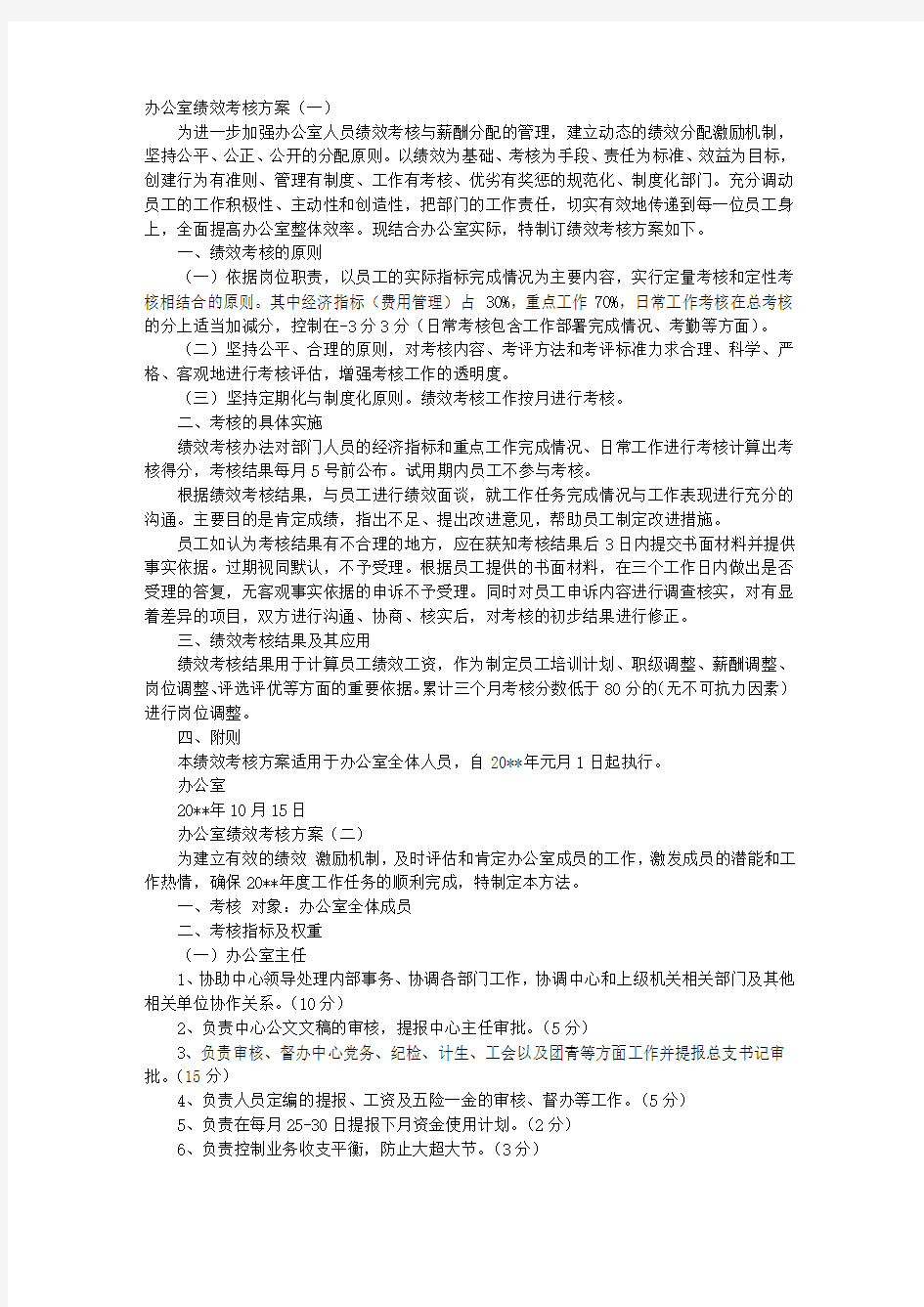 办公室绩效考核方案