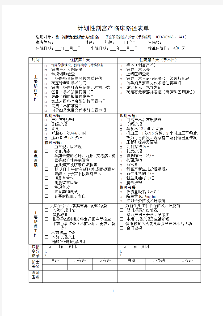 计划剖宫产临床路径及单病种管理表