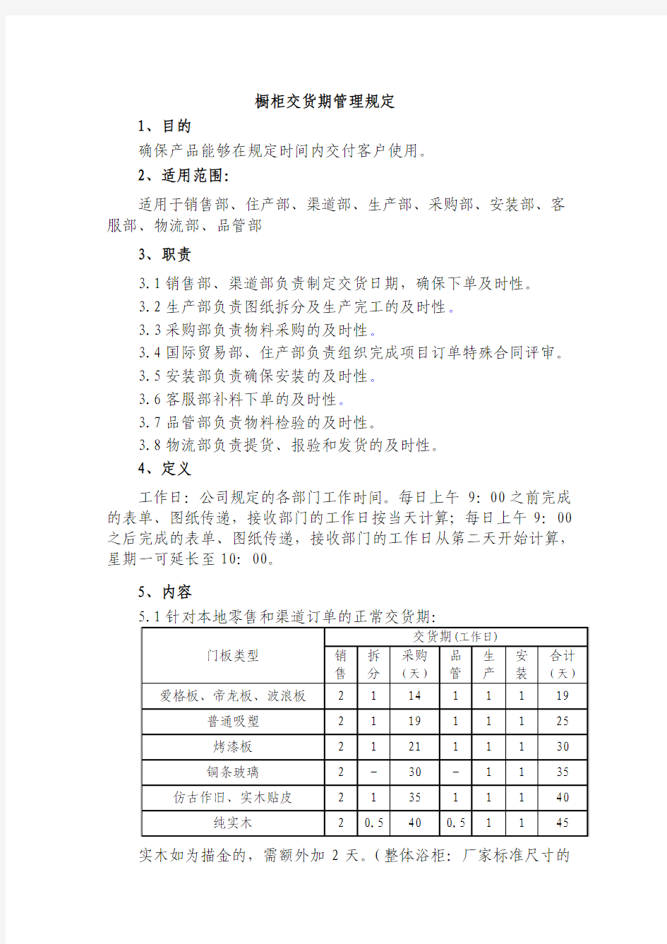 橱柜交货期管理规定