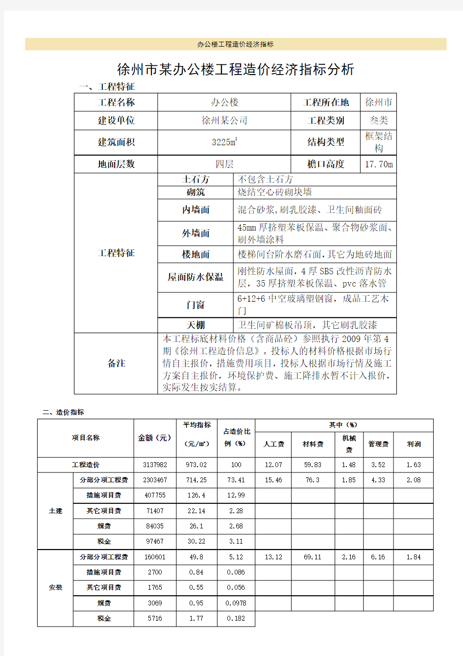 办公楼工程造价经济指标