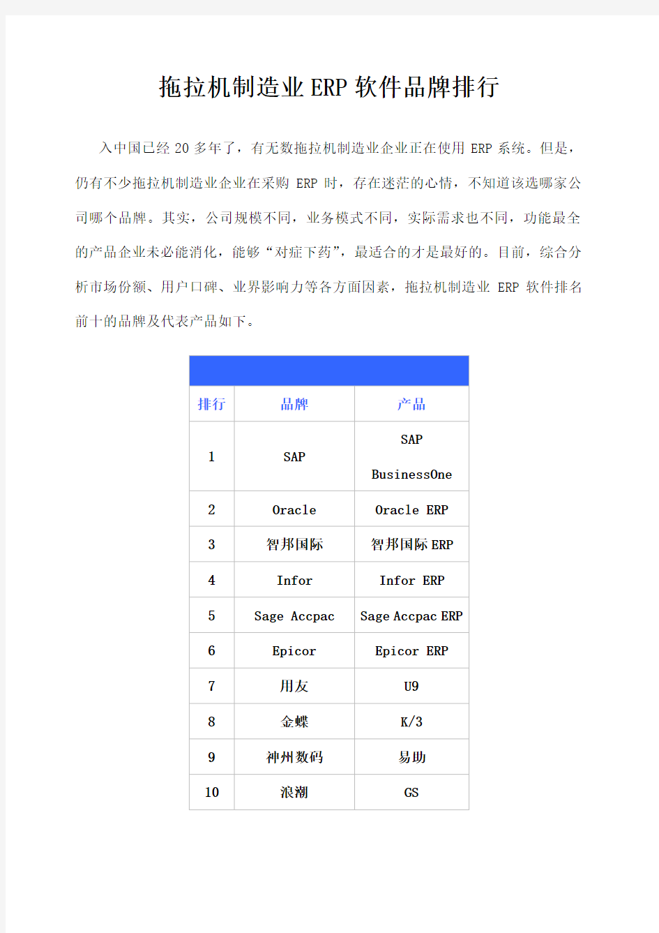 国内ERP软件品牌排行