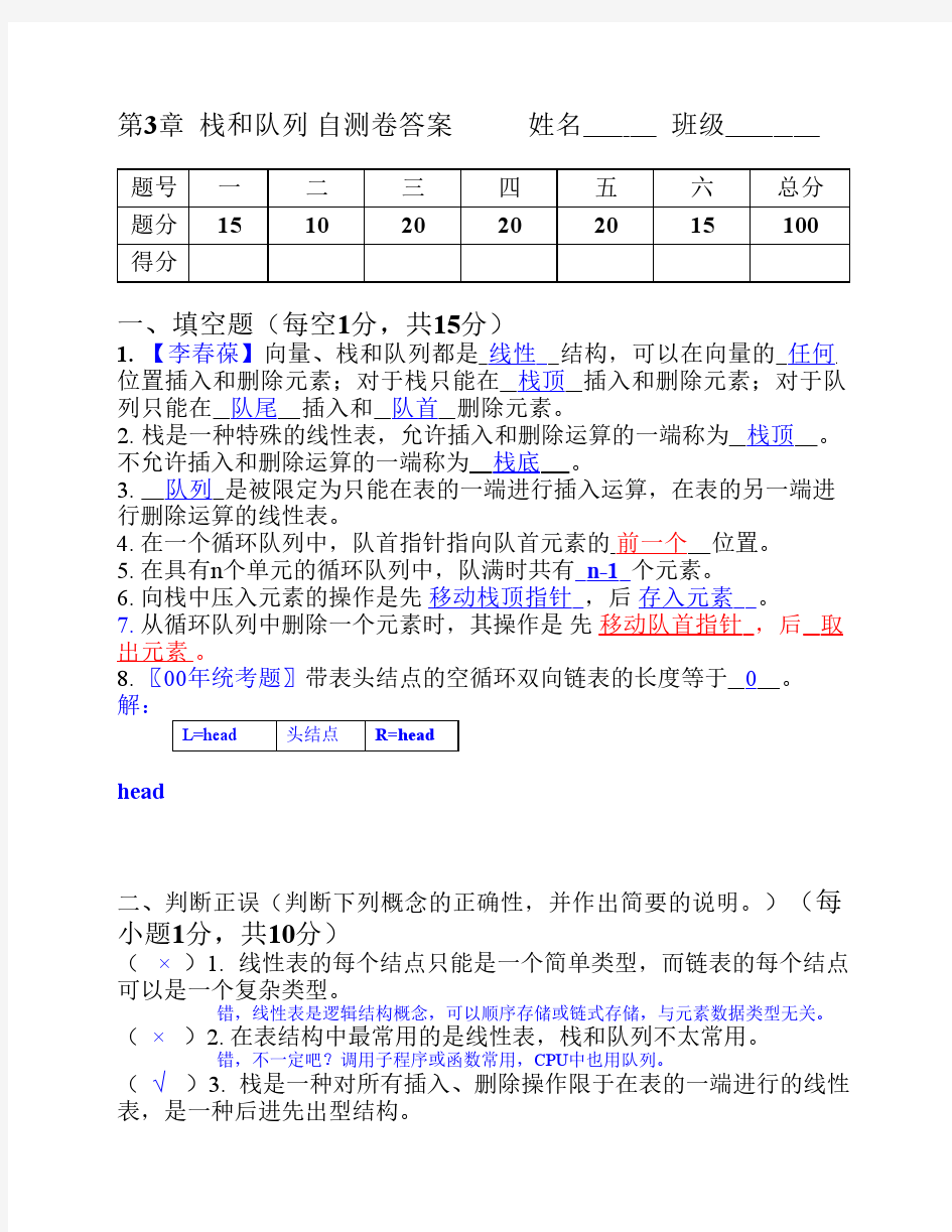 第3章栈和队列自测卷及答案