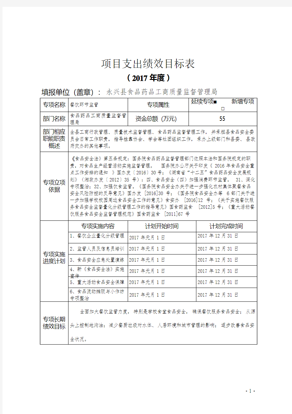 项目支出绩效目标表