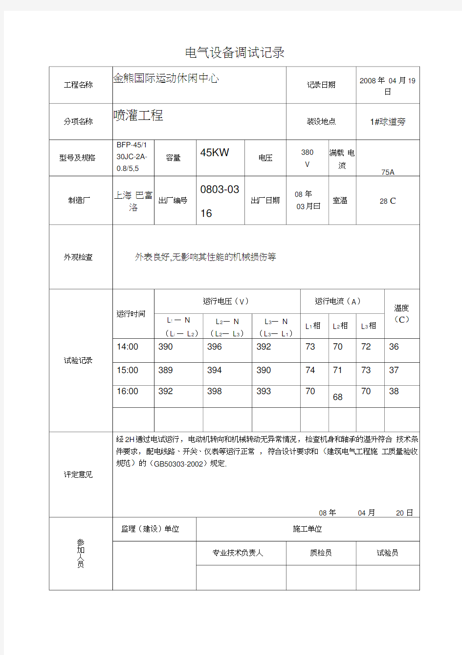 电气设备调试记录