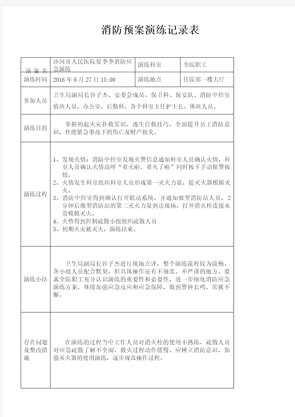 医院消防演练记录