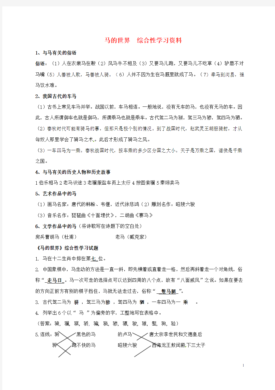 湖南省郴州市第八中学七年级语文下册 第29课《马的世界》综合性学习资料(新版)新人教版