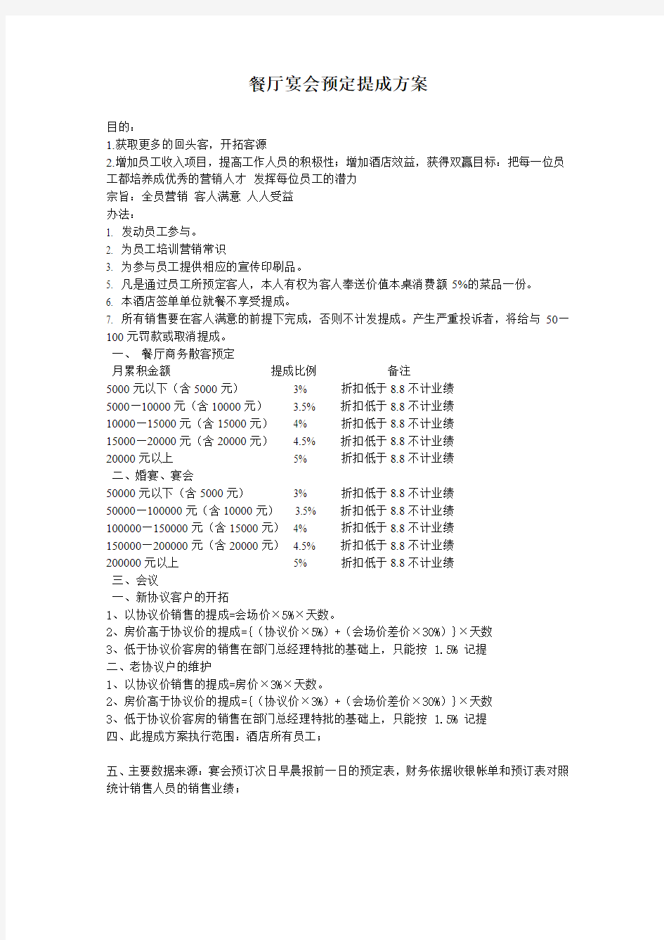 餐厅宴会预定提成方案