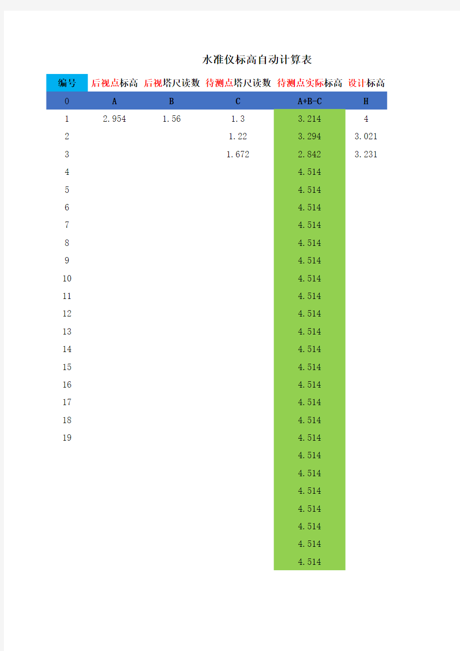 水准仪标高自动计算表