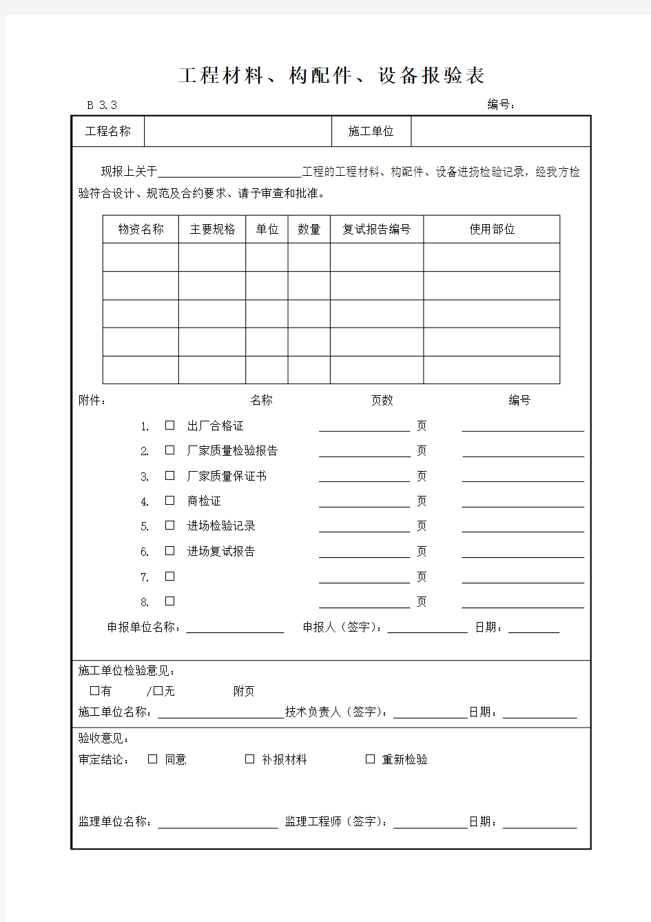 工程材料、构配件、设备报验表材料、配件进场检查验收记录