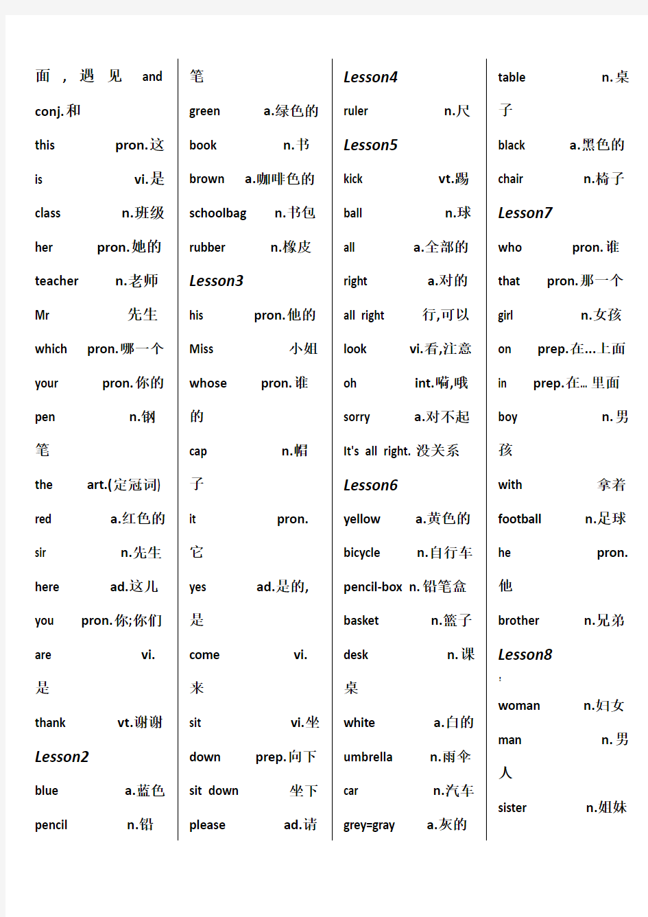 看听学一册单词大全