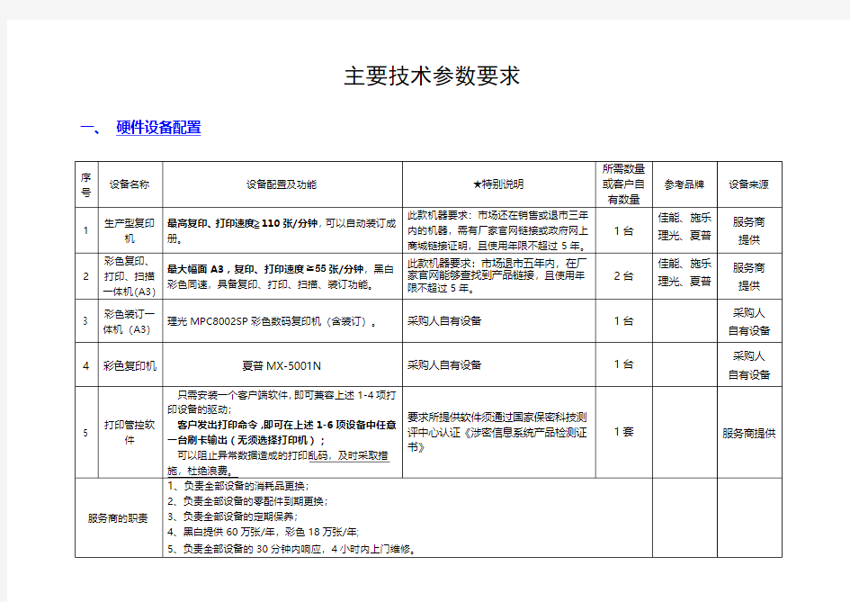 主要技术参数要求