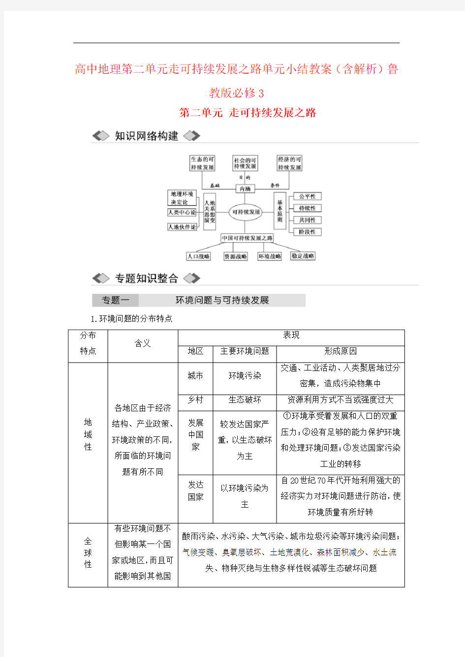 高中地理第二单元走可持续发展之路单元小结教案(含解析)鲁教版必修3