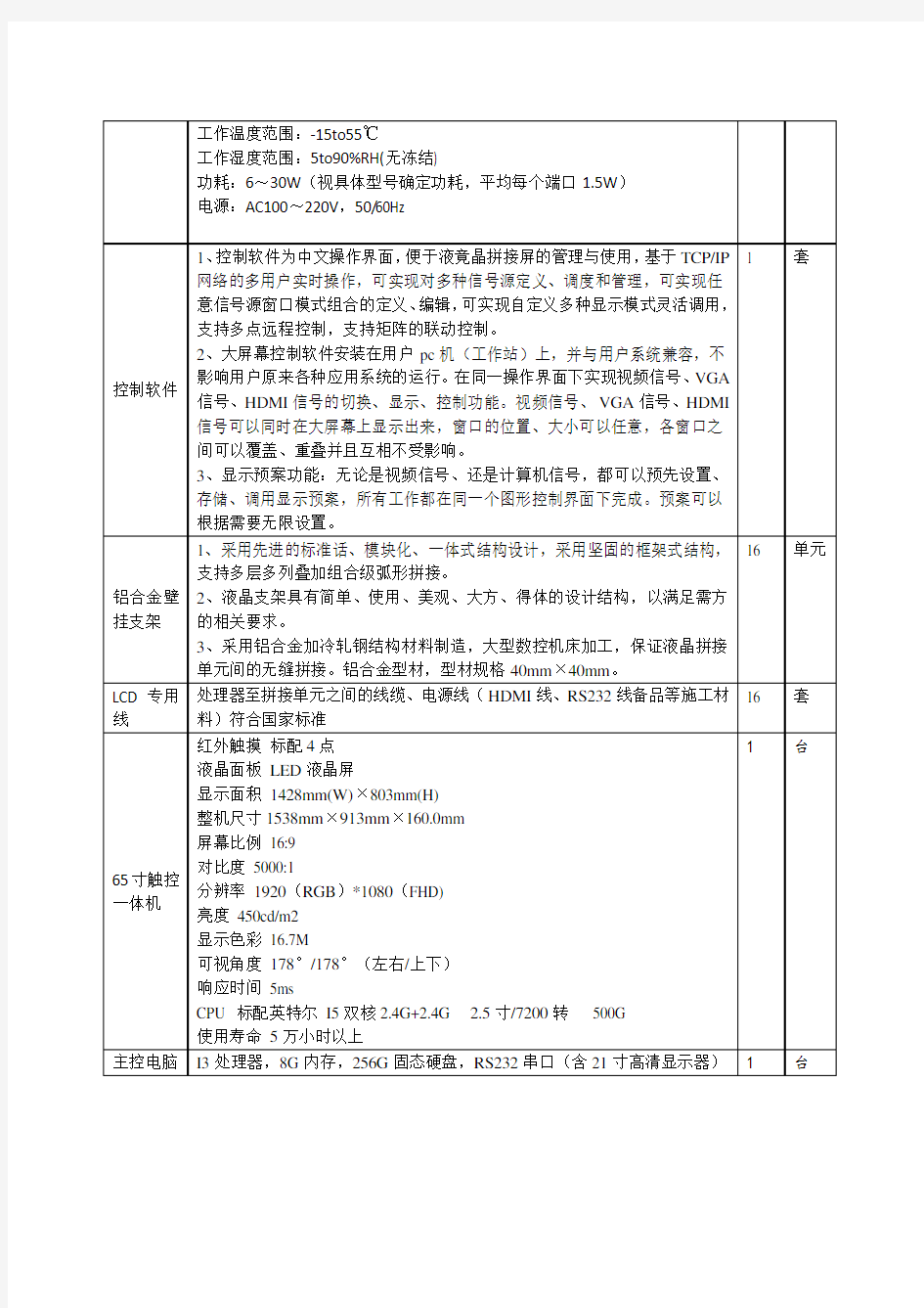 液晶拼接大屏技术参数