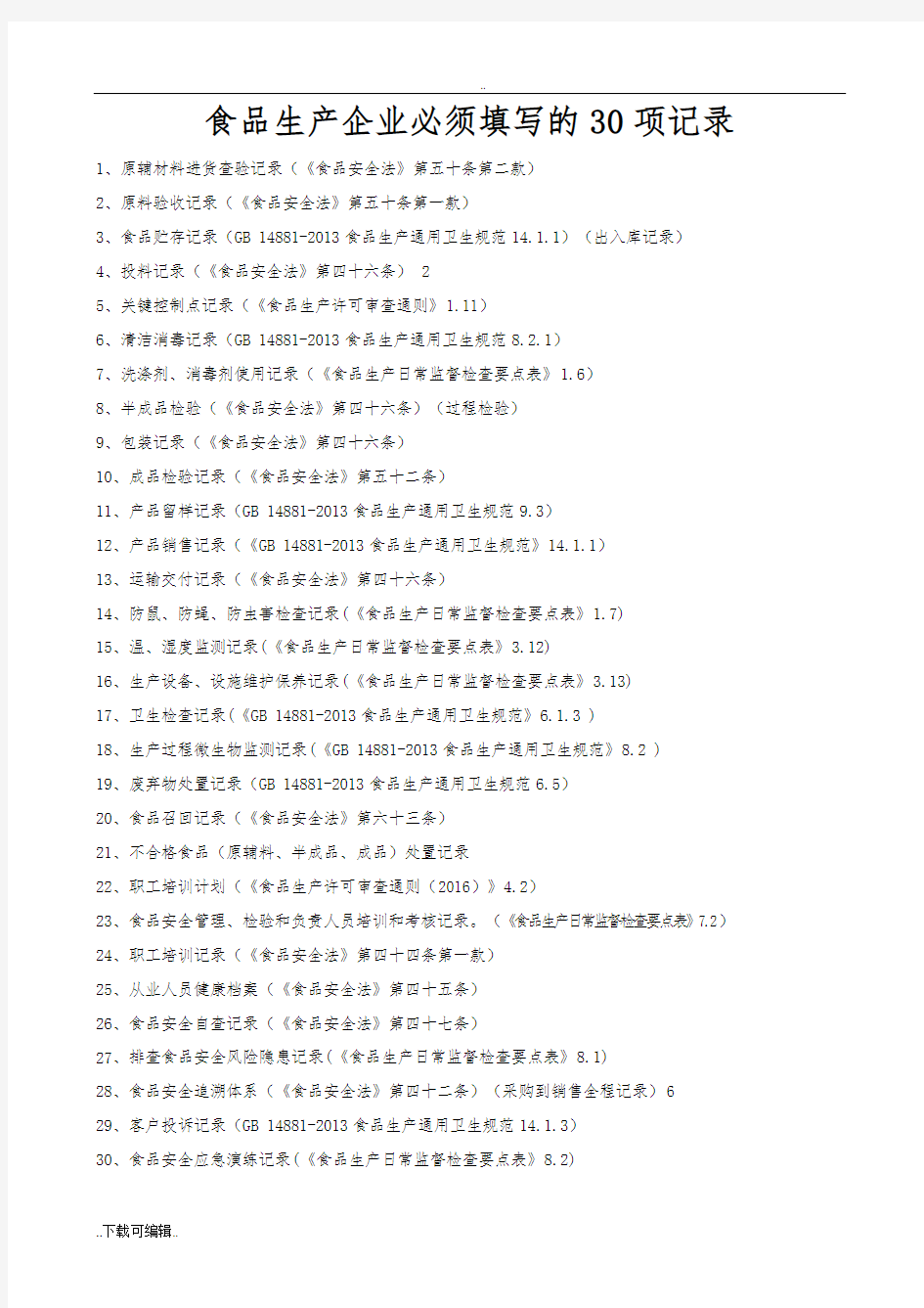 食品生产企业必须填写的30项生产相关记录文本
