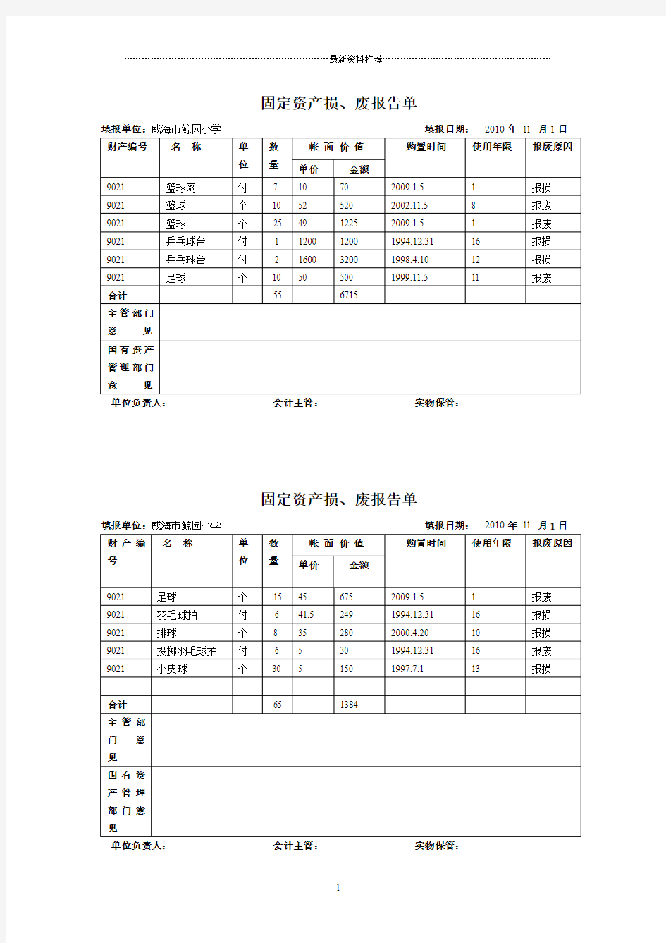 体育器材报损表精编版