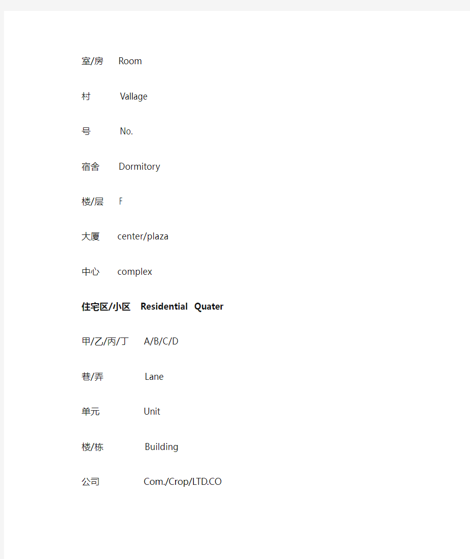 英文地址表达。中国各省各市 行政区 街道 室 单元 邮编 具体表述