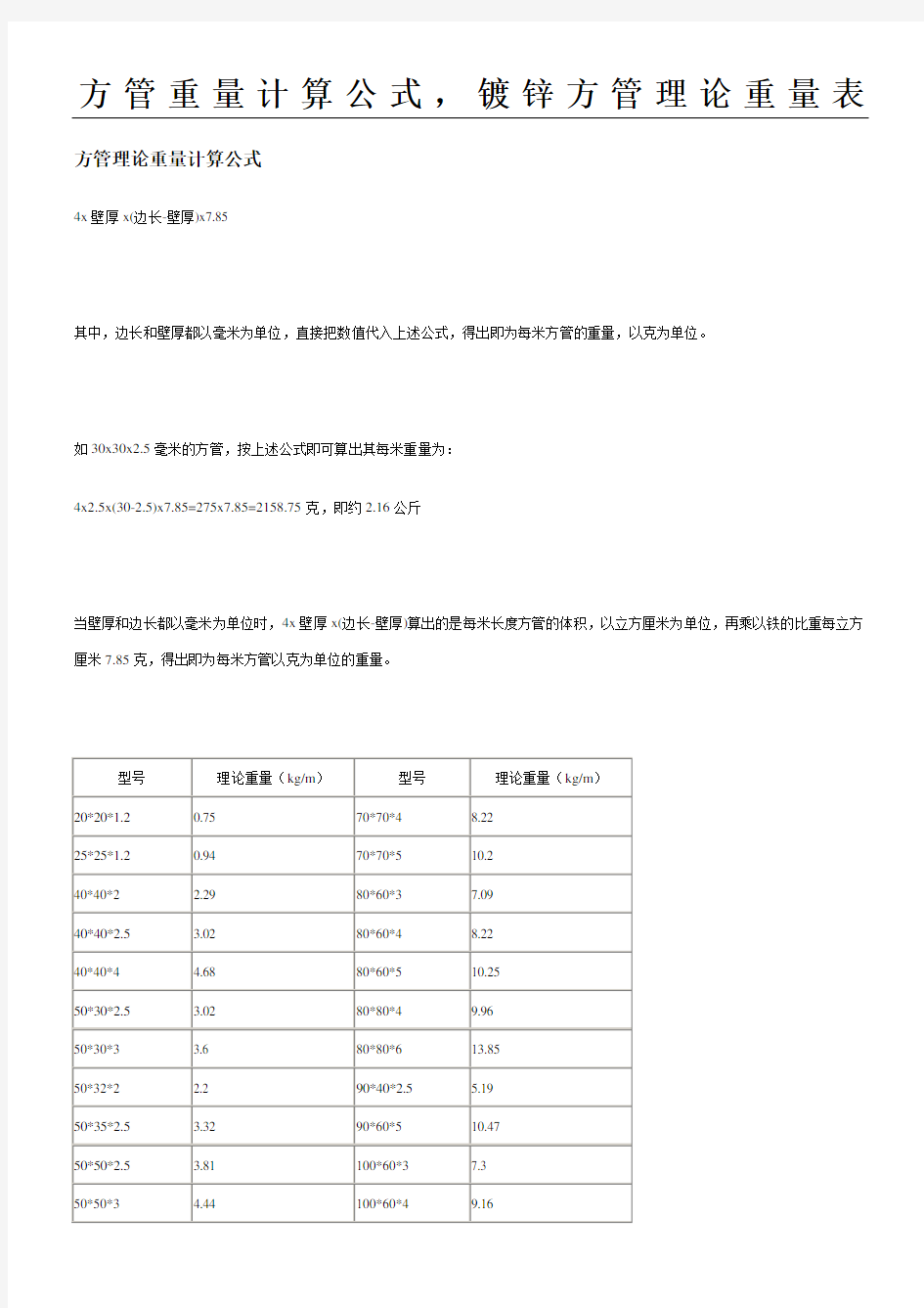 方管重量计算公式-镀锌方管理论重量表