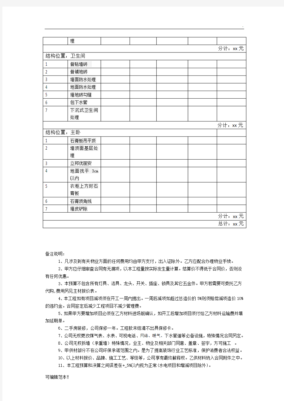 装修预算报价表样本