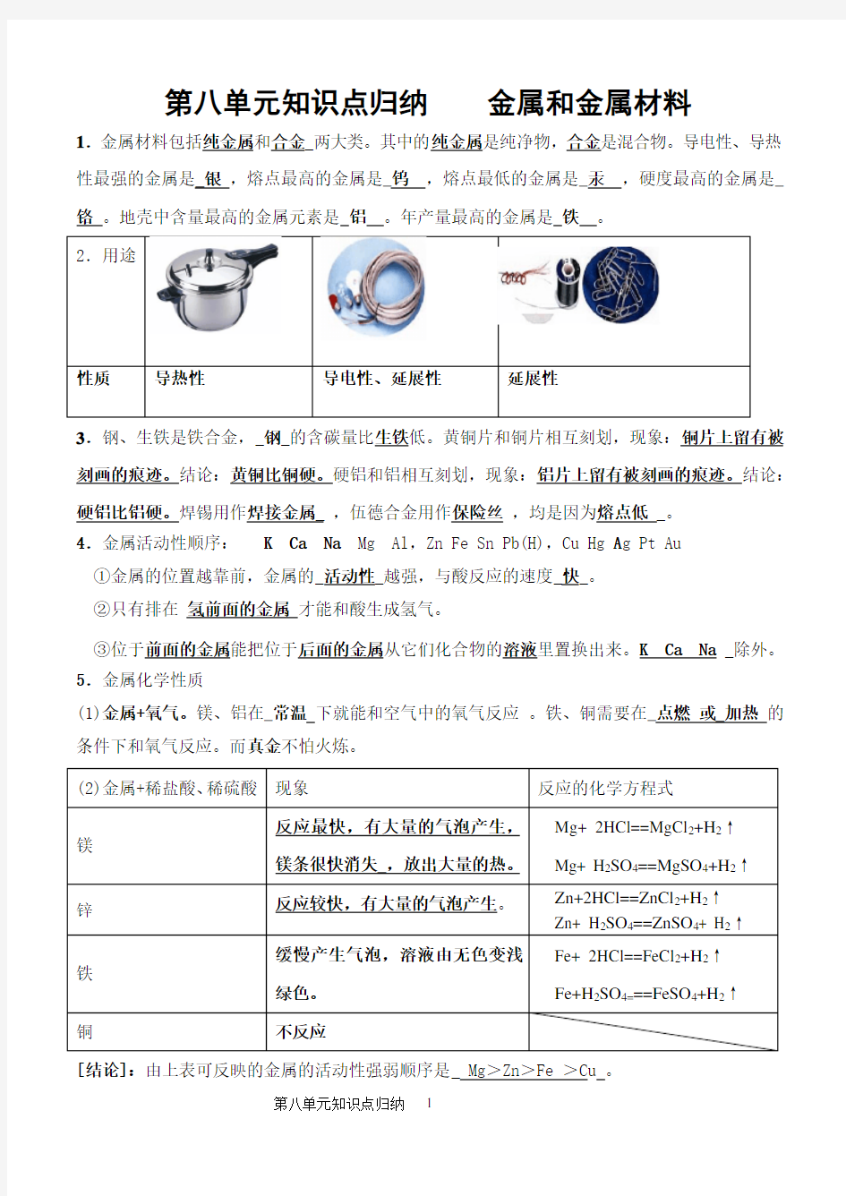 2018初三化学第八单元知识点归纳