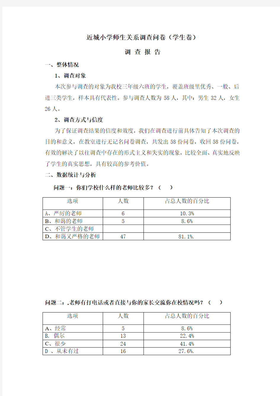 近城小学师生关系调查问卷