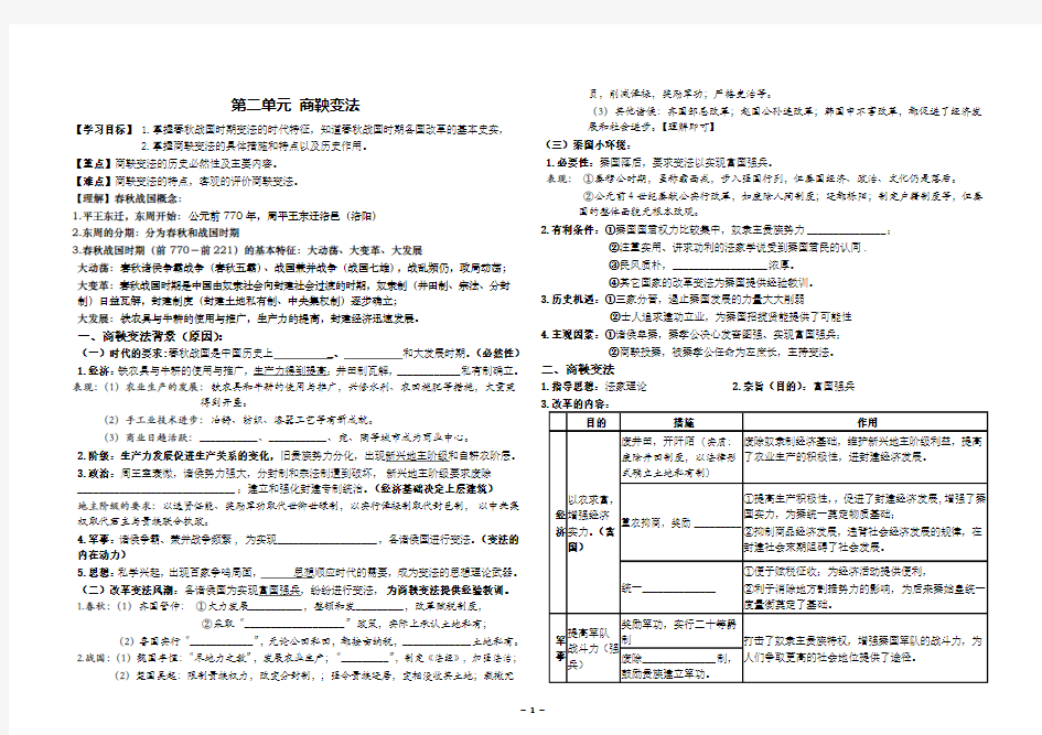 人教版高中历史选修1第2单元商鞅变法学案