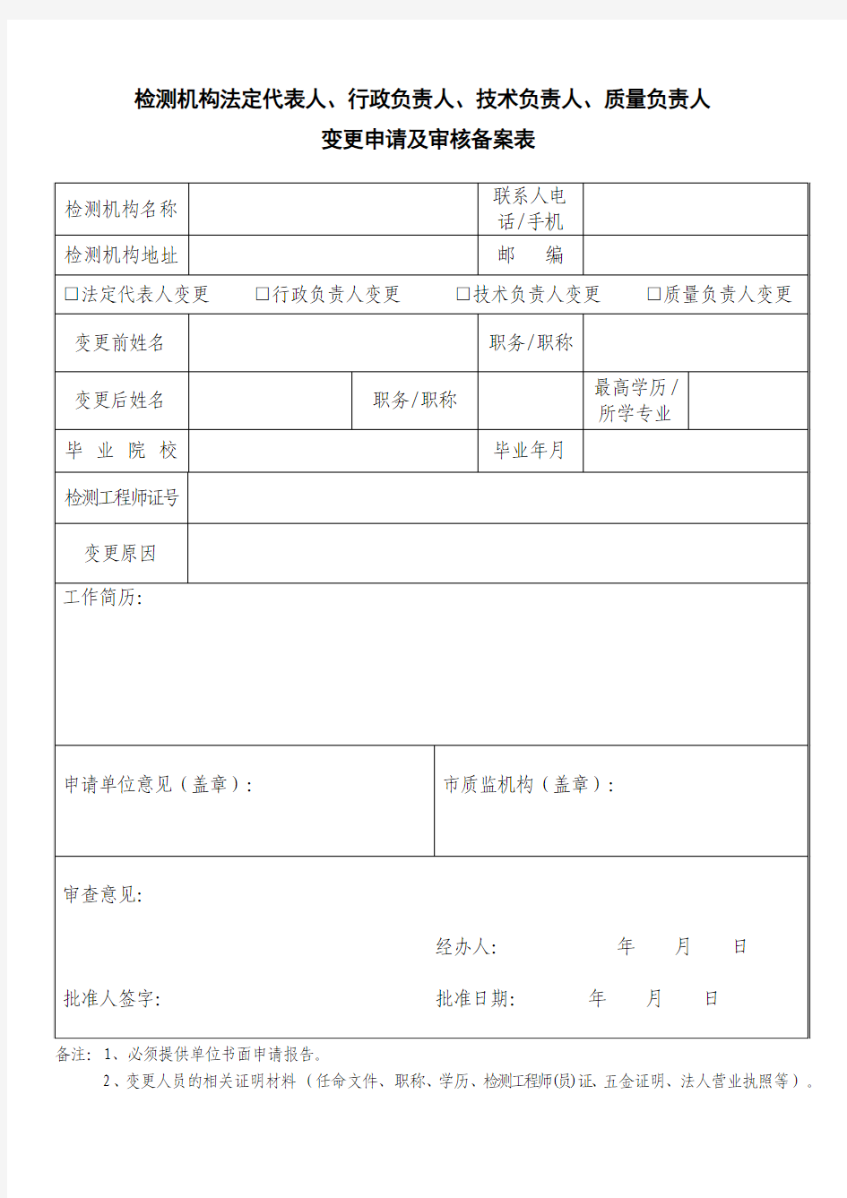 检测机构主要负责人变更申请表